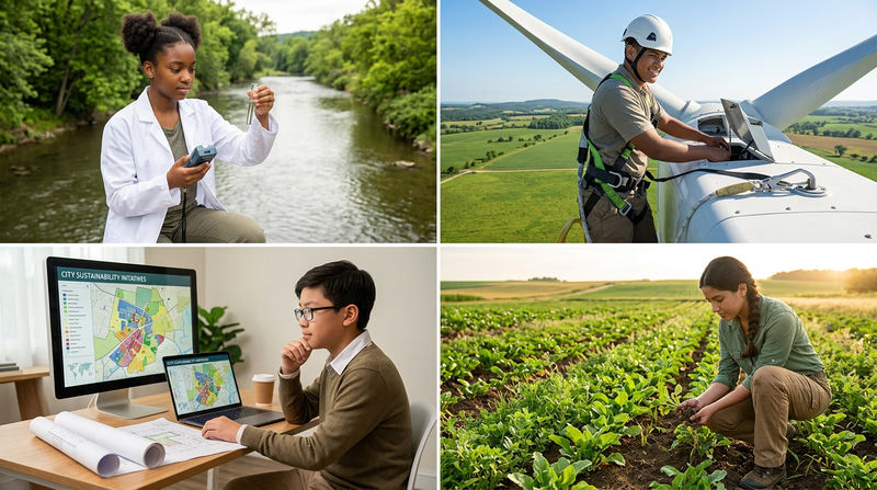 A collage showing four sustainability career scenes — a scientist testing water quality, a technician on a wind turbine, a planner reviewing a city map, and a farmer in a sustainable field