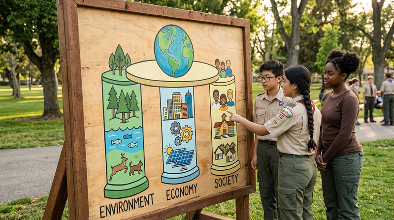 An illustrated diagram showing the three pillars of sustainability — Environment, Economy, and Society — supporting a balanced world