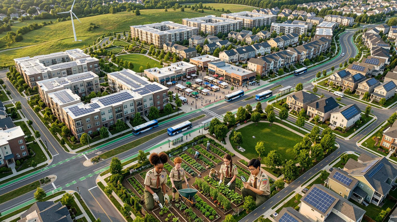 A bird's-eye view illustration of a sustainable community showing mixed housing, a walkable town center, bike lanes, solar panels on rooftops, green spaces, and a bus line