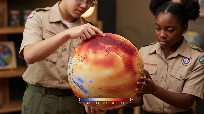 A stylized globe showing temperature change patterns over 100 years, with color gradients from blue (cooler) to red (warmer), with the Arctic showing the most intense warming