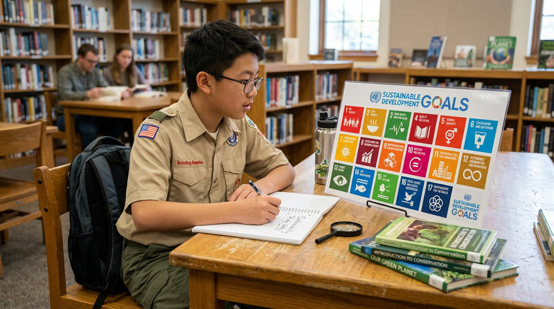 A colorful display of the United Nations 17 Sustainable Development Goals icons arranged in a grid, with a Scout studying them at a library table