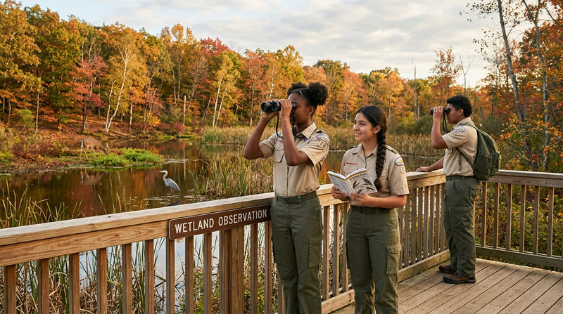 A diverse group of Scouts observing wildlife at a nature reserve, using binoculars and field guides, with birds and a deer visible in the background