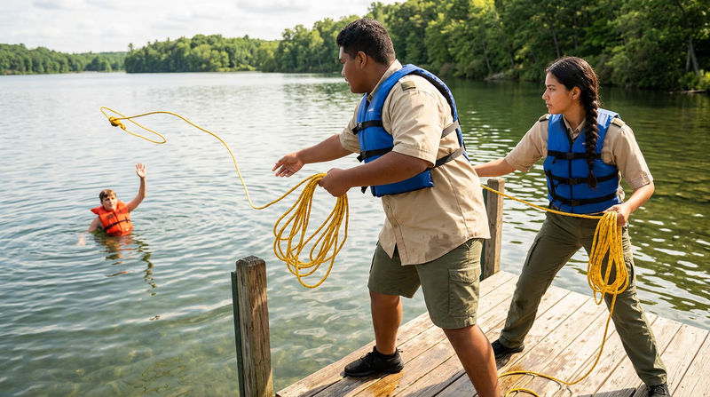 Two Scouts on a dock performing a line rescue — one throwing a coiled rope to a practice victim in the water while the other braces from behind