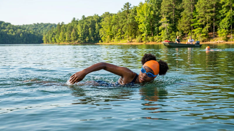 A swimmer in open water with a brightly colored swim cap, swimming parallel to a shoreline with gentle waves