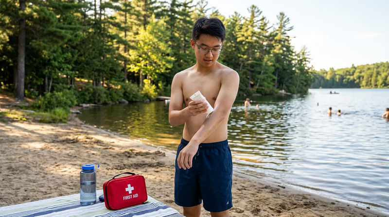 A Scout applying sunscreen before swimming at a lake, with a water bottle and first aid kit visible nearby