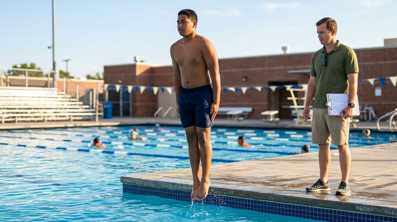 A Scout jumping feetfirst into a pool from the pool deck, arms at sides, with a counselor watching from poolside