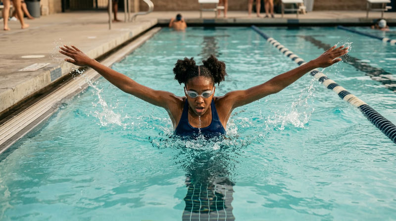 A Scout swimming laps in a pool with proper form, showing the full-body nature of the exercise with arms, core, and legs all engaged