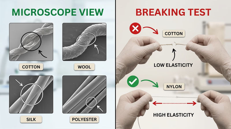 Side-by-side comparison of microscope fiber views and a hand breaking test for textile samples