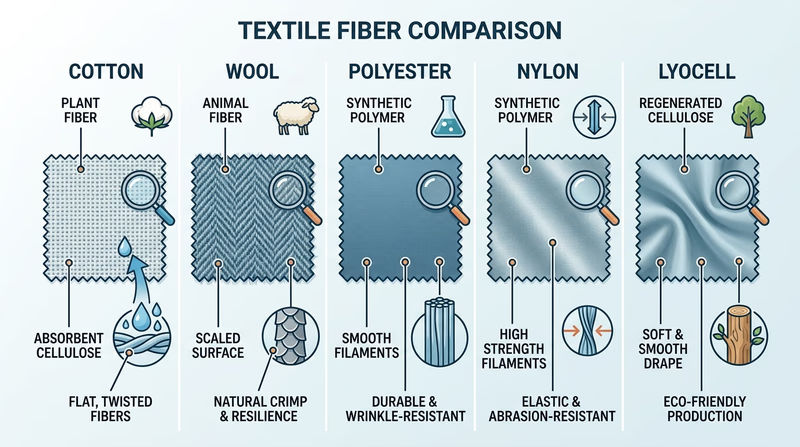 Labeled comparison of cotton, wool, polyester, nylon, and lyocell swatches showing different surface textures and drape