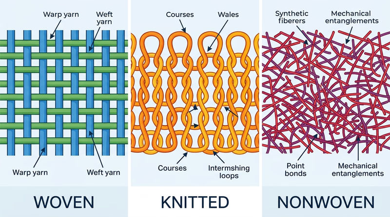 Magnified comparison of woven grid, knitted loops, and nonwoven felted fibers