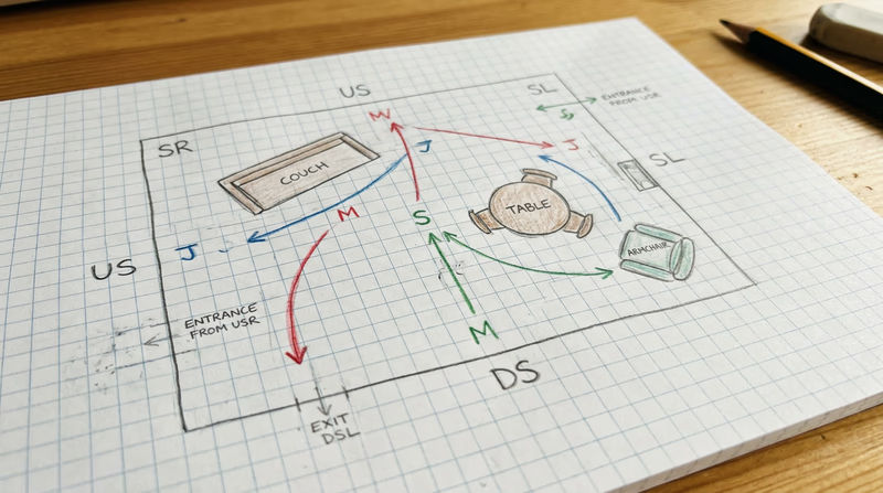 A hand-drawn blocking diagram on graph paper showing a stage layout with arrows indicating actor movements, character initials, and furniture placement