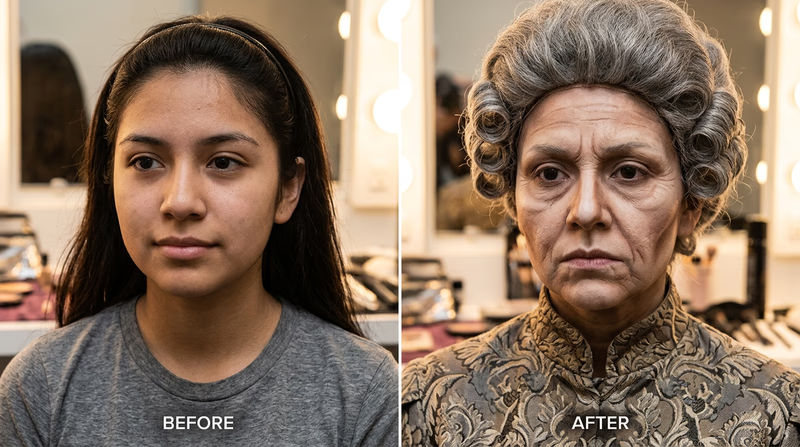 A split image showing a teenager before and after stage makeup application as a historical figure, demonstrating the transformation