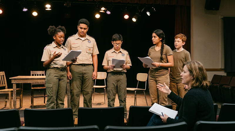 A diverse group of teenagers on a community theater stage during a rehearsal, some holding scripts, with a director gesturing from the front row