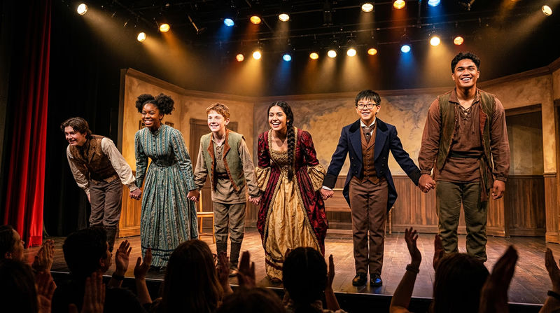A group of teenage actors taking a curtain call on stage, smiling and bowing to the audience, with stage lights shining brightly