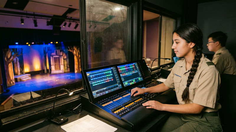 A teenager sitting at a computerized lighting control board in a darkened theater booth, the stage visible through a window with colorful lighting on the set