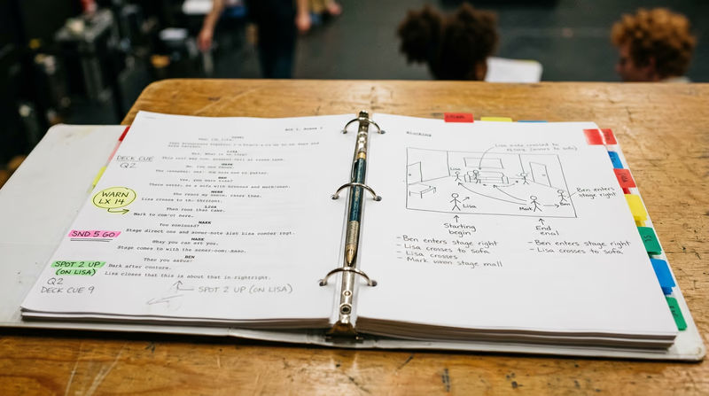A closeup of an open prompt book showing a script page with handwritten cue notations in the margins, colored tabs, and blocking diagrams on the facing page