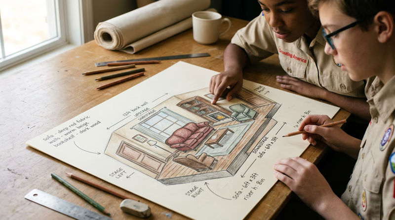 A hand-drawn set design sketch showing a living room stage layout with labeled furniture, doors, and windows, drawn from a three-quarter perspective view