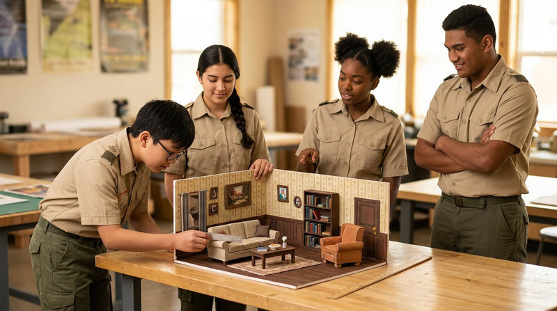 A detailed foam board scale model of a theater set showing a living room with miniature furniture, painted walls, and tiny props, sitting on a table