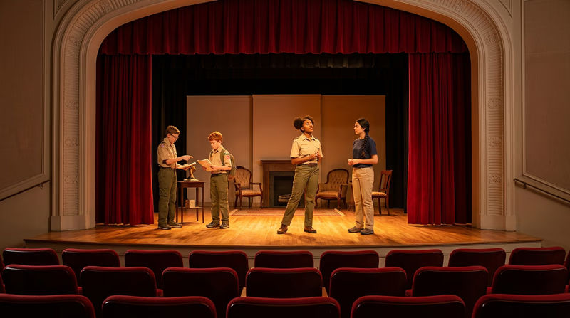 A brightly lit theater stage with red curtains drawn back, viewed from the audience, with a single spotlight shining center stage