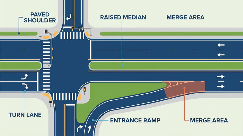 Overhead roadway safety diagram showing a median, shoulders, turn lane, crosswalk, and interstate-style entrance ramp