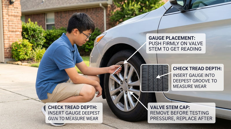 Annotated photo of a Scout checking tire pressure with a gauge and measuring tire tread depth on a parked car