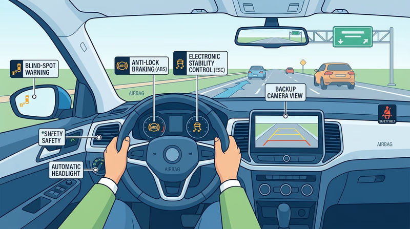 Driver's-eye view diagram of a vehicle interior and safety-system indicators including backup camera, blind-spot warning, ABS, stability control, and automatic headlights