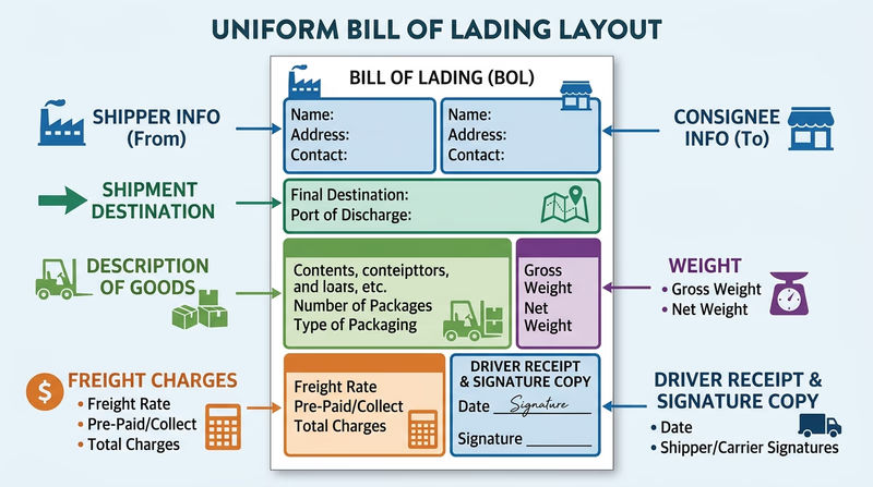 Clean sample bill of lading layout with major fields visually highlighted such as shipper, consignee, destination, weight, freight charges, and driver receipt copy