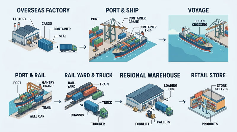 Simple step-by-step intermodal freight diagram showing an ocean container moving from factory to port, ship, rail yard, truck chassis, warehouse, and retail store