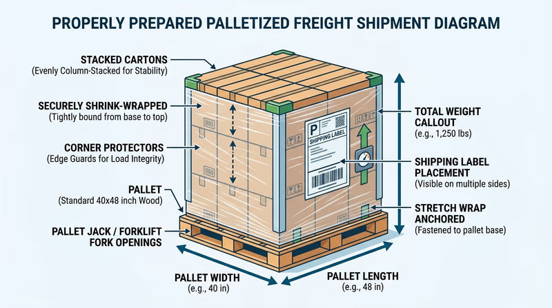 Labeled diagram of a properly prepared palletized shipment showing stacked cartons, corner protection, shrink wrap, pallet base, shipping label, and measurement points for length width, height, and weight