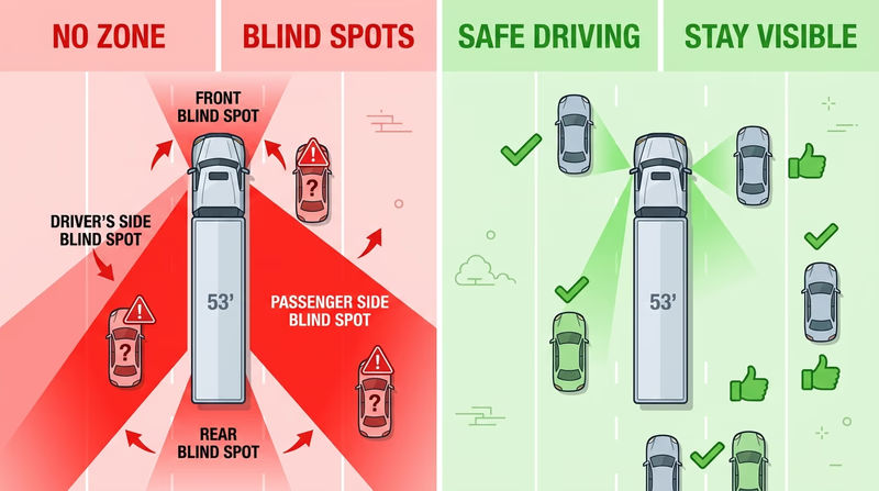 Comparison image showing a tractor-trailer from above with large blind-spot zones highlighted and a second panel showing safe car positions around the truck