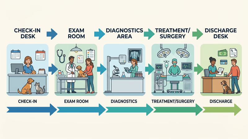 Diagram showing a veterinary patient workflow from check-in to exam, diagnostics, treatment, and discharge