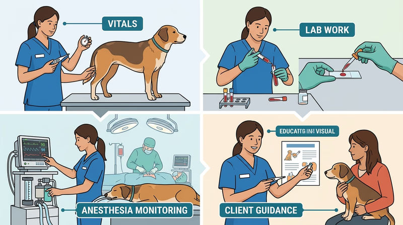 Diagram collage showing a veterinary technician taking vital signs, preparing lab samples, monitoring anesthesia, and guiding a pet owner