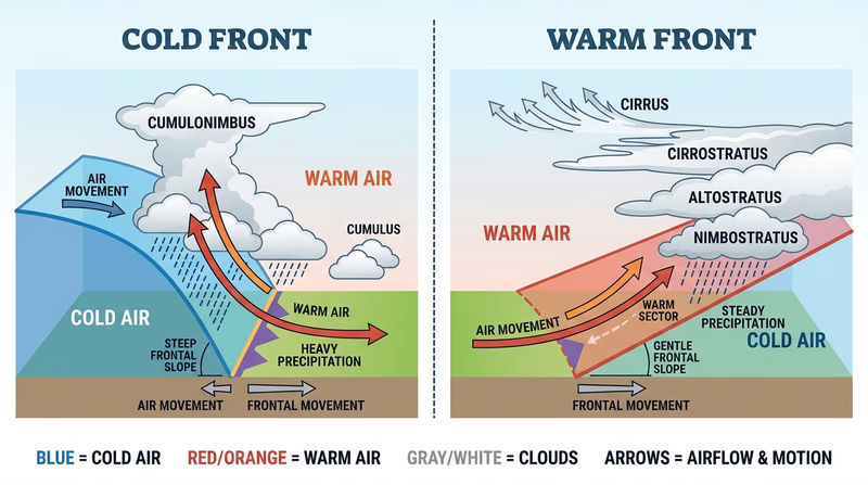 Side-by-side cross sections of a cold front and a warm front showing air movement, clouds, and precipitation