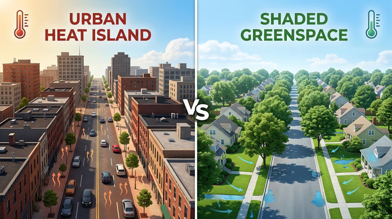 Comparison of a paved city block and a tree-covered neighborhood showing heat and runoff differences