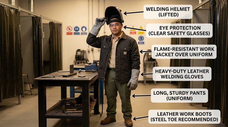 Scout dressed correctly for welding with helmet, safety glasses, gloves, long sleeves, pants, and leather boots labeled