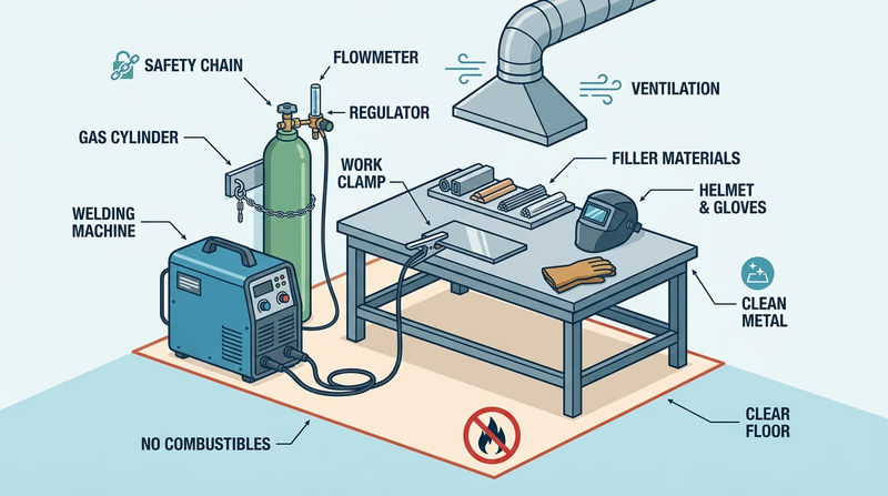 Welding station laid out for inspection with machine, secured cylinder, regulator, work clamp, cables, filler material, and ventilation labeled