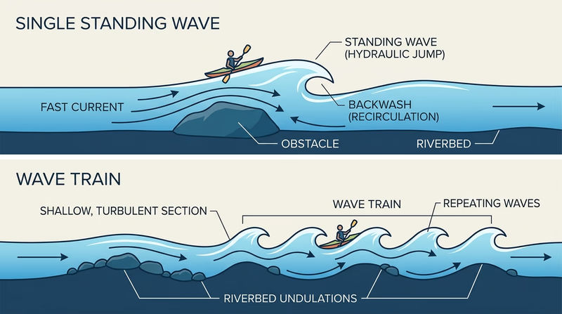 Side-by-side diagram comparing one standing wave with a wave train over a longer shallow stretch