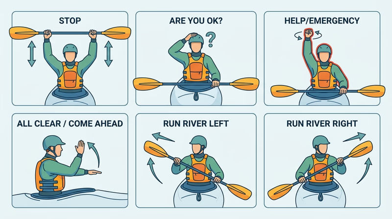 Six-panel diagram showing the universal whitewater river signals with paddle and arm positions