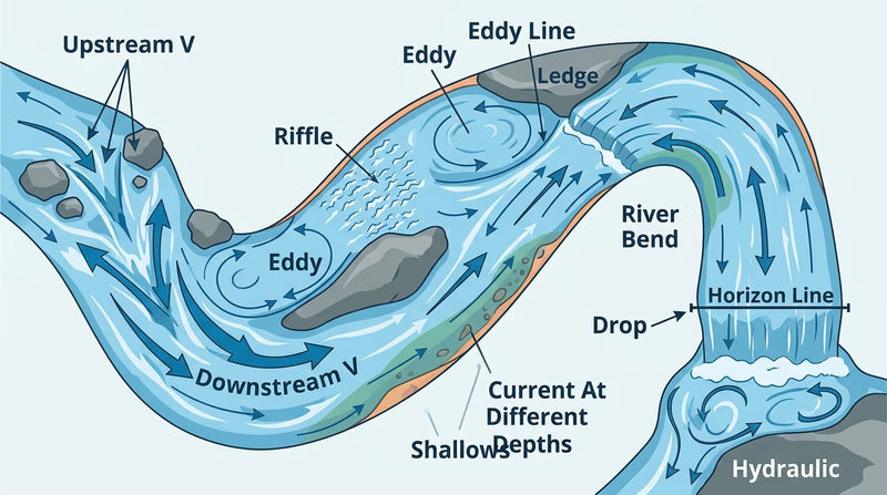 Overhead river diagram labeled with upstream V, downstream V, riffle, eddy line, ledge, drop, horizon line, hydraulic, bend, and shallows