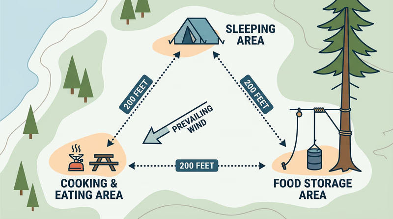 Bird's-eye campsite layout with cooking, sleeping, and food storage zones 200 feet apart