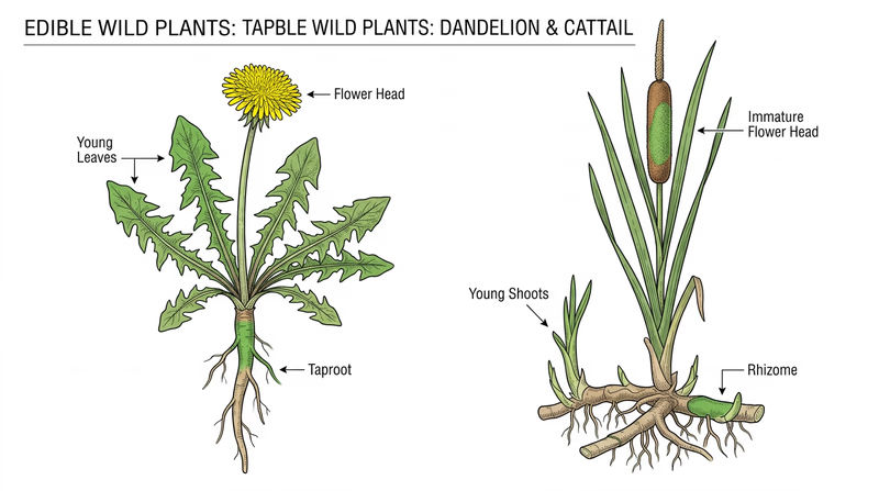 Detailed botanical illustration of dandelion and cattail side by side, with edible parts labeled and color-coded: leaves, flowers, roots/rhizomes, and shoots with preparation notes for each
