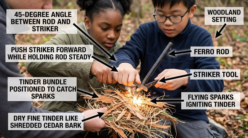 Annotated photo of ferro rod striking technique showing 45-degree rod angle, scraper direction, spark shower onto tinder bundle, and hand positions