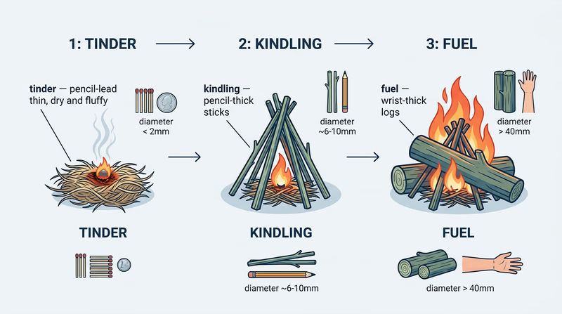 Three stages of fire building shown left to right: tinder bundle catching spark, kindling teepee with small flames, and established fuel fire with labeled materials at each stage