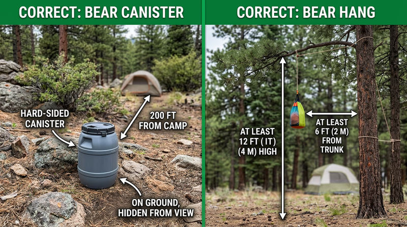 Bear canister vs bear hang food storage methods with height and distance measurements labeled
