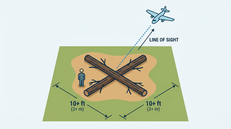 Bird's-eye view of a large X signal on open ground with measurement annotations showing 30-40 foot arms, contrast against terrain, and altitude visibility ranges for helicopters and fixed-wing aircraft