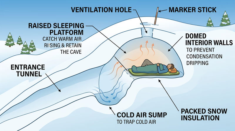Cross-section of a snow cave showing entrance tunnel, raised sleeping platform, ventilation hole, and cold air sump
