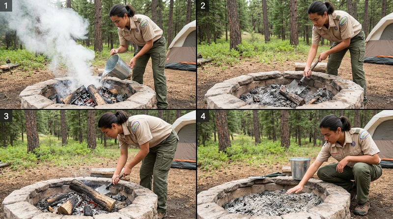 Four-panel step sequence showing a Scout properly extinguishing a campfire in a stone fire ring: pouring water from a bucket over the coals, stirring the wet ashes with a shovel, scraping partially burned sticks to expose embers, and holding the back of a bare hand just above the cold ash to check for remaining heat