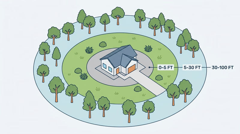 Aerial-view diagram of a house showing three concentric defensible space zones: the immediate zone from 0 to 5 feet with noncombustible gravel and no plants, the intermediate zone from 5 to 30 feet with widely spaced low plants and mowed grass, and the extended zone from 30 to 100 feet with thinned trees and removed ground litter