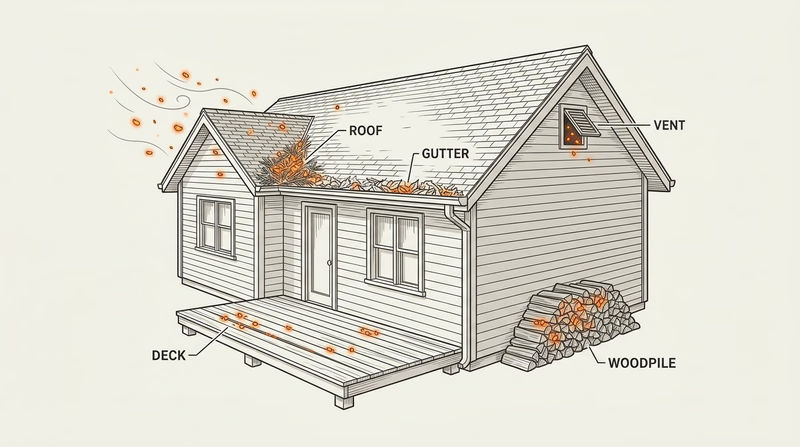 Illustration of a single-family home in the wildland-urban interface with arrows showing where wind-driven embers accumulate and ignite: roof gutters full of needles, under-eave vents, deck boards and the space beneath a deck, combustible mulch against siding, and a woodpile stacked next to the wall