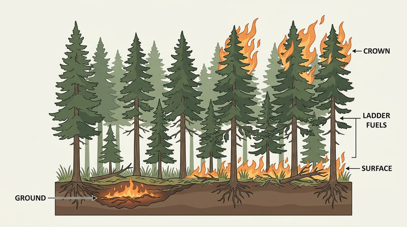 Cross-section diagram of a forest stand showing ground fire burning in duff and roots below the soil surface, surface fire burning grass and litter, and crown fire burning through the tree canopy, with ladder fuels labeled between the surface and crown